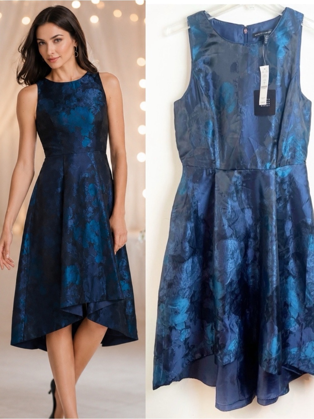 NWT White House Black Market Jacquard Blue Midi Dress 2 Wedding Guest Party Glam